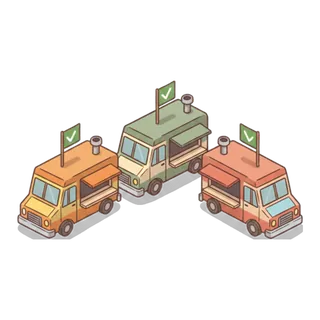 Trois camions à pizza, chacun avec son drapeau vert.