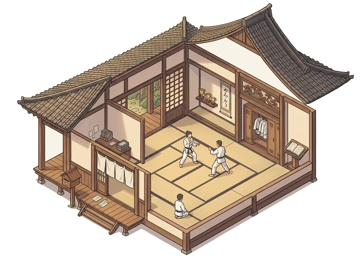 Le dojo vu en coupe, toit soulevé : l'entrée et sa boîte aux lettres, le bureau, le tatami, le kamiza, les vestiaires et le cahier.