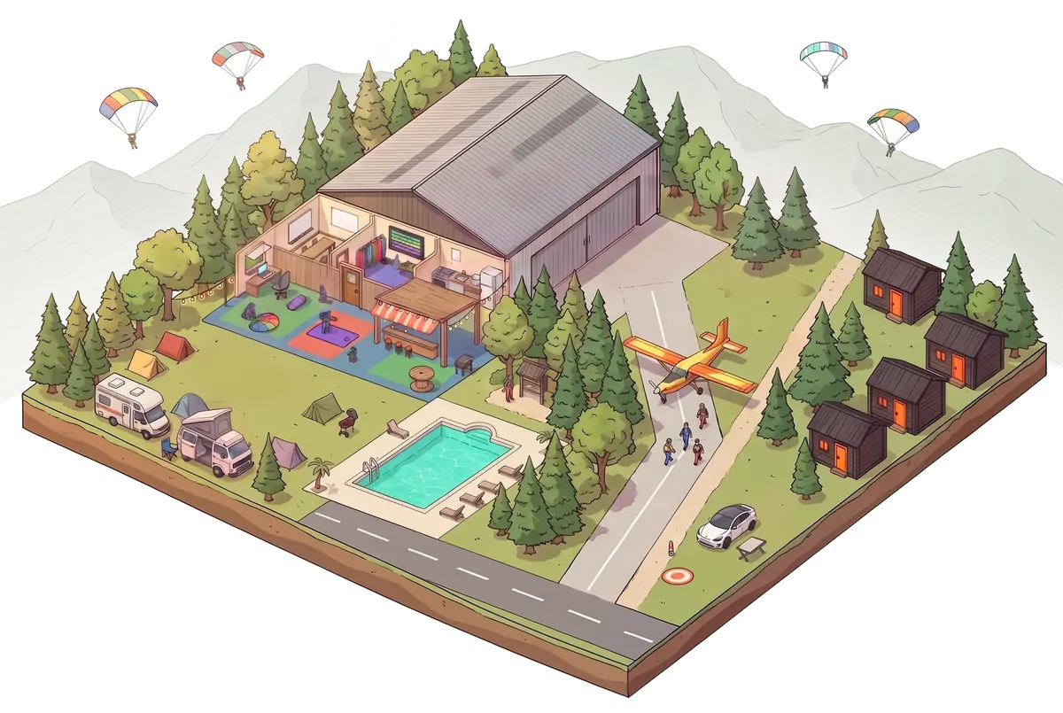 La DZ vue en coupe : le hangar et son secrétariat, la zone équipement, la salle de formation, le pliage, la vérif, l'avion, le ciel, et le camping avec son combi.
