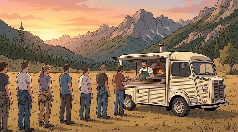 Au coucher du soleil, au pied des montagnes, une file de parachutistes devant un camion à pizza.