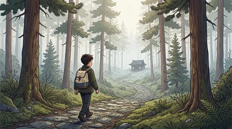 Un enfant, sac au dos, sur un sentier de forêt ; au loin, un vieux dojo.